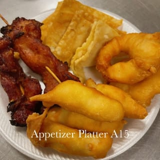 A14 Chicken Wings, Boneless Ribs, Crab Rangoon, and Chicken or Beef Teriyaki